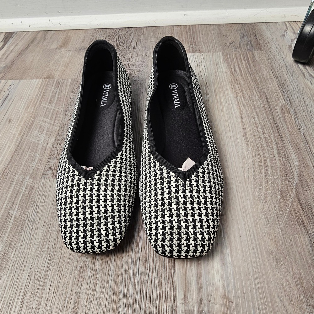VIVAIA Margot 2.0 Womens Houndstooth Knit Flats EU 39 Black White Dark Academia